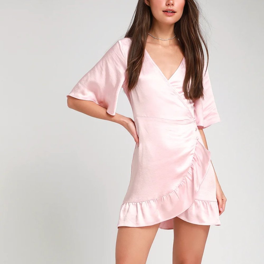 Lulu's Ready for Romance Blush Satin Mini Wrap Dress